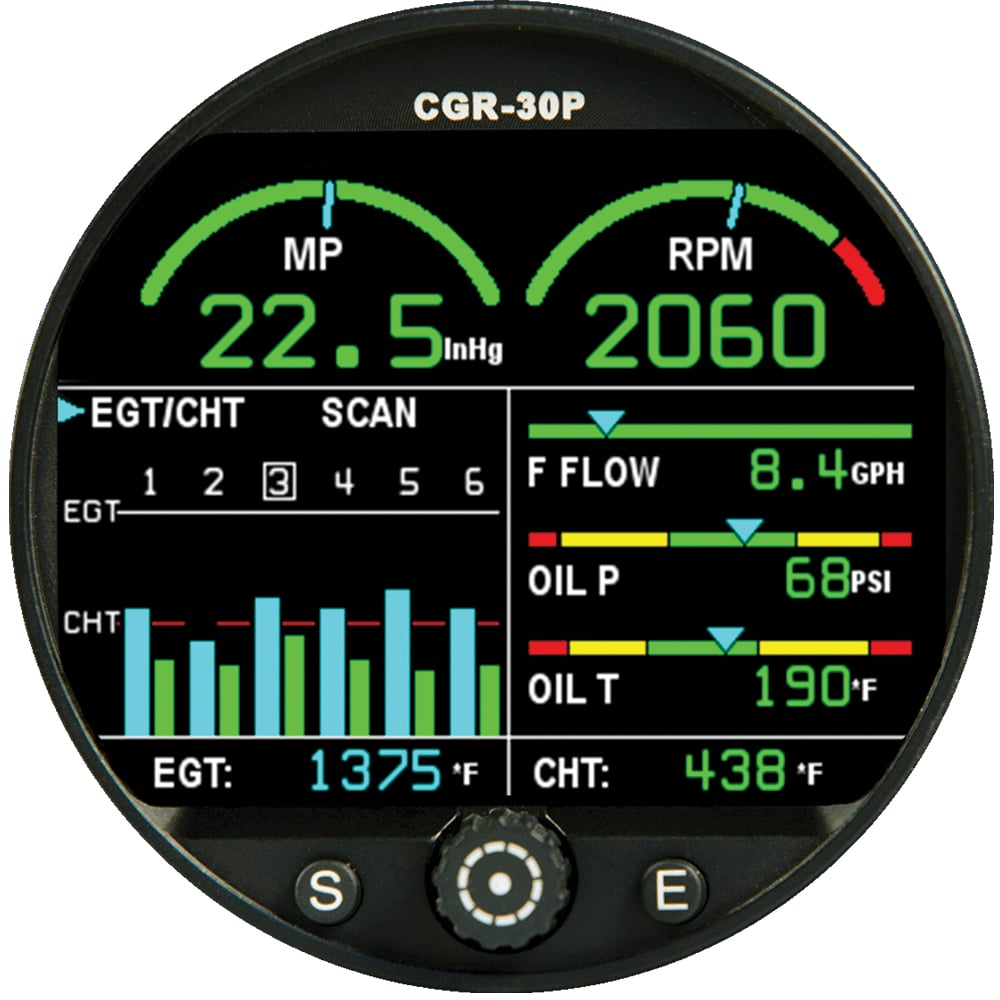 CGR-30P display showing MP, RPM, EGT/CHT scan, fuel flow and oil readings